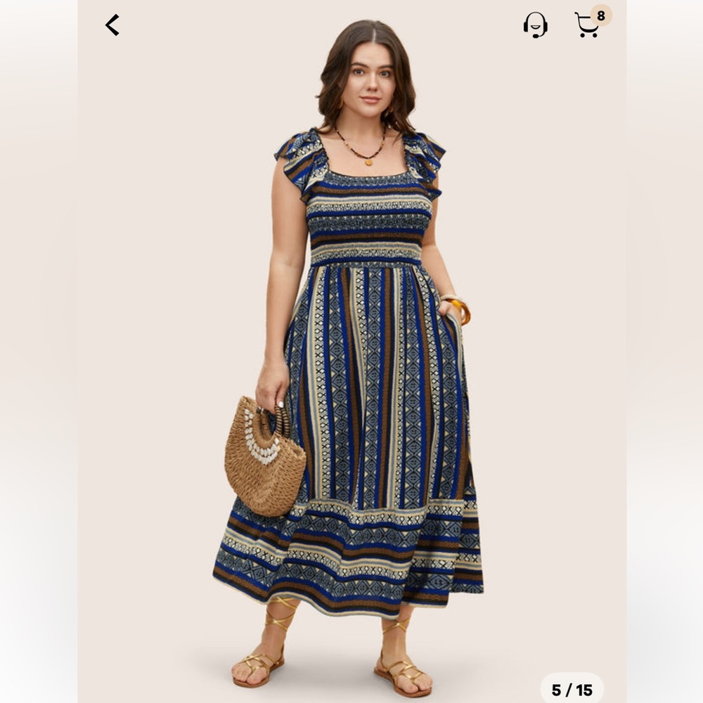 BloomChic Blue and White Midi Dress with Pleated Tiered A-line Style